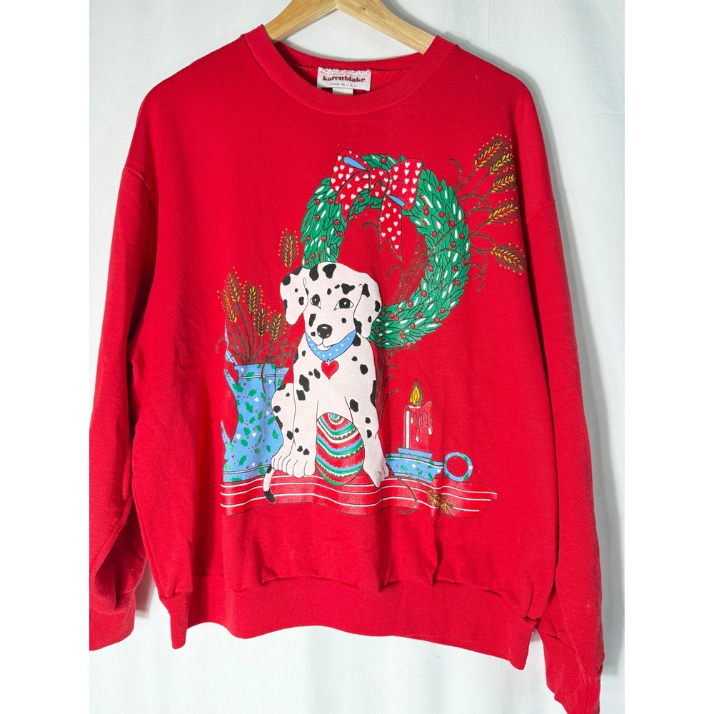 Vintage Karen Blake Christmas Dalmatian Puppy Sweatshirt Red Large Made in USA